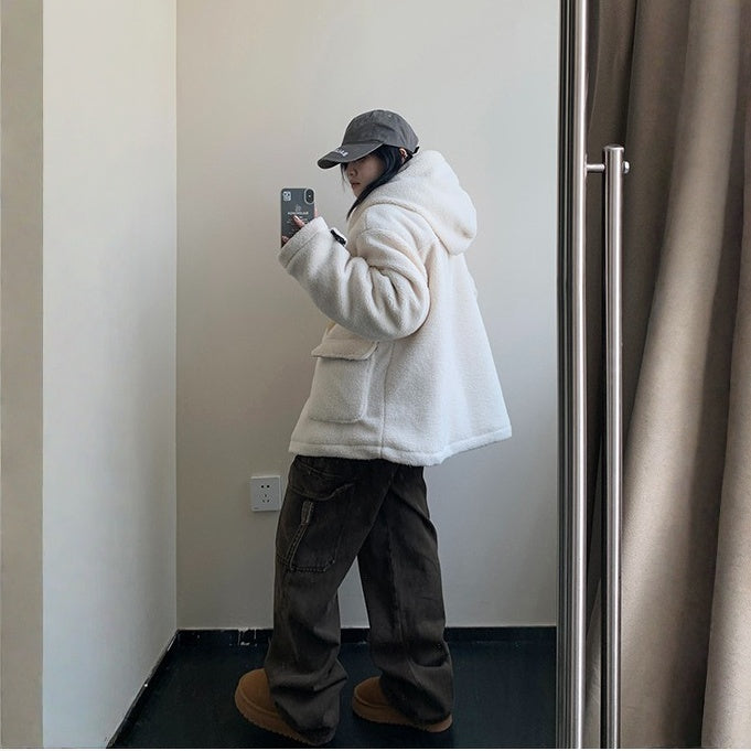 【アウター】春 秋 冬 レトロ ボア素材 厚手 あったか フード付き中綿ジャケット 【FCシリーズ】