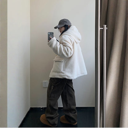 【アウター】春 秋 冬 レトロ ボア素材 厚手 あったか フード付き中綿ジャケット 【FCシリーズ】