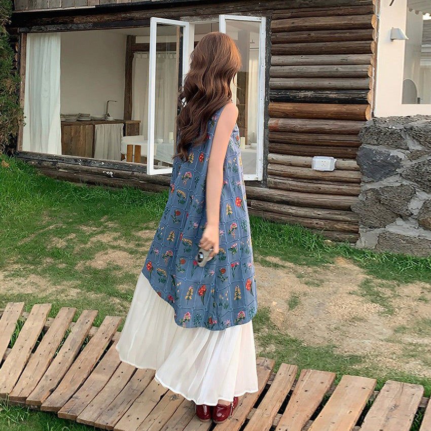 【ワンピース】フレンチ風エレガント お洒落配色プリント風フェイクレイヤード ノースリーブワンピース【SHシリーズ】