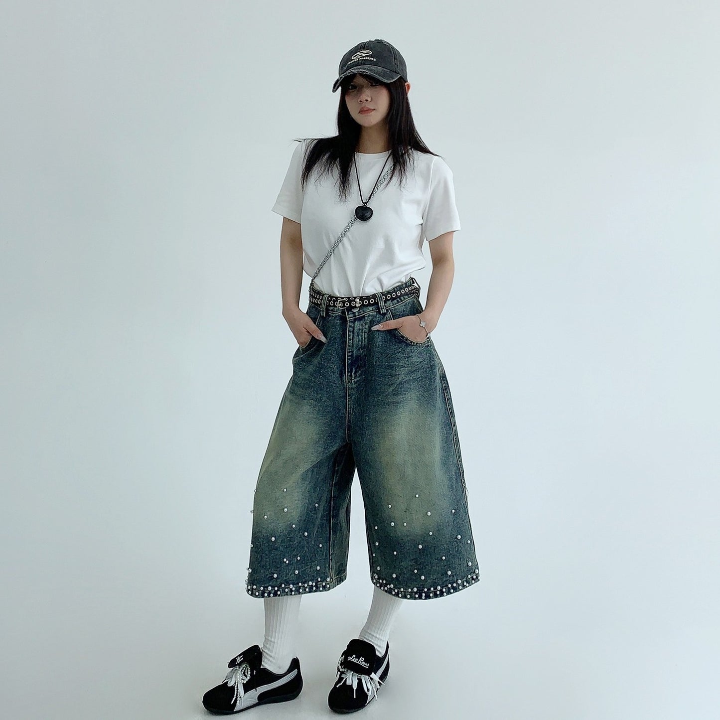 【ボトムス】夏 ヴィンテージ加工 ビジュー付き 七分丈パンツ 【FCシリーズ】