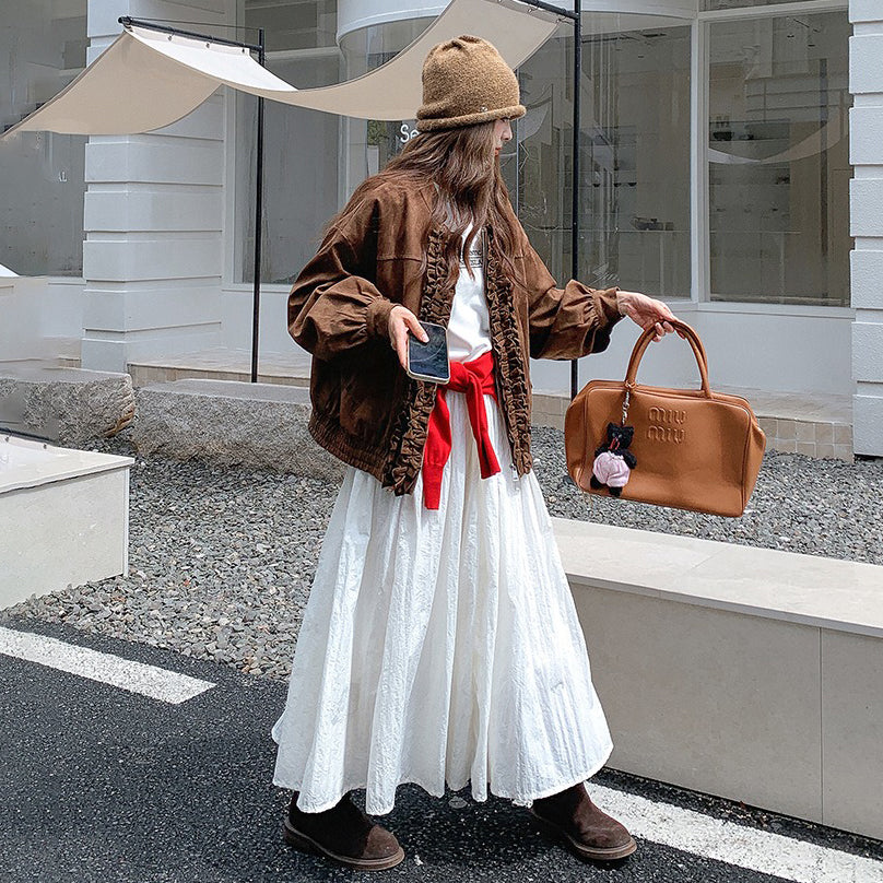 【アウター】カジュアル フリル切り替え スエード調 ショートジャケット【JZシリーズ】