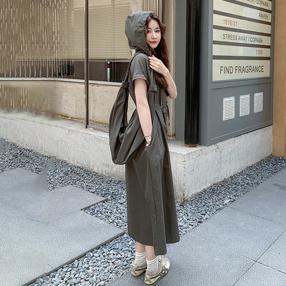 【ワンピース】今季大注目 アメカジ感漂う 半袖 ワークワンピース フード付きロング丈 夏【JZシリーズ】