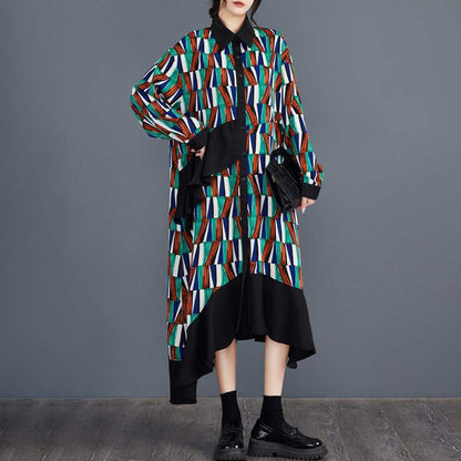 【ワンピース】大きいサイズ プリント 切替 長袖 シャツワンピース 春秋 体型カバー【SHシリーズ】