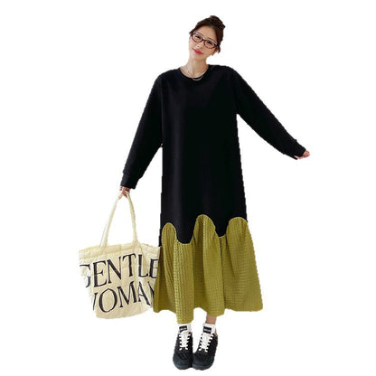 【ワンピース】秋冬切替Aライン 大きいサイズ 体型カバー フリル裾 厚手 長袖ワンピース【JZシリーズ】