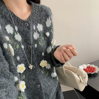 【セットアップ】春 秋 冬 立体刺繍フラワー +ハイウエスト ニットスカート 2点上下セット 【JZシリーズ】