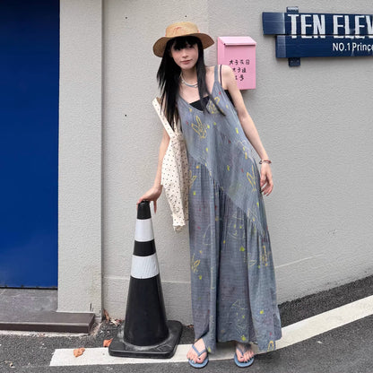 【ワンピース】猫プリント チェック柄 キャミワンピース レディース ノースリーブ 夏 ゆったり フレアロング丈 リネン風 人気 デザインワンピース【SHシリーズ】