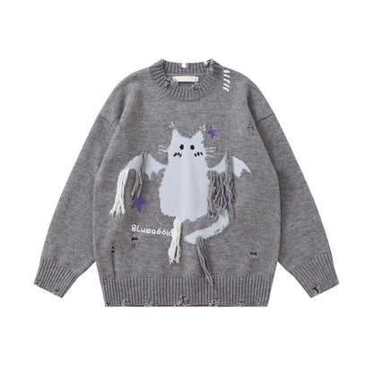 【トップス】レトロ 猫柄ジャカード クルーネック ニット レディース フリンジデザイン ゆったり 着回し セーター【FCシリーズ】