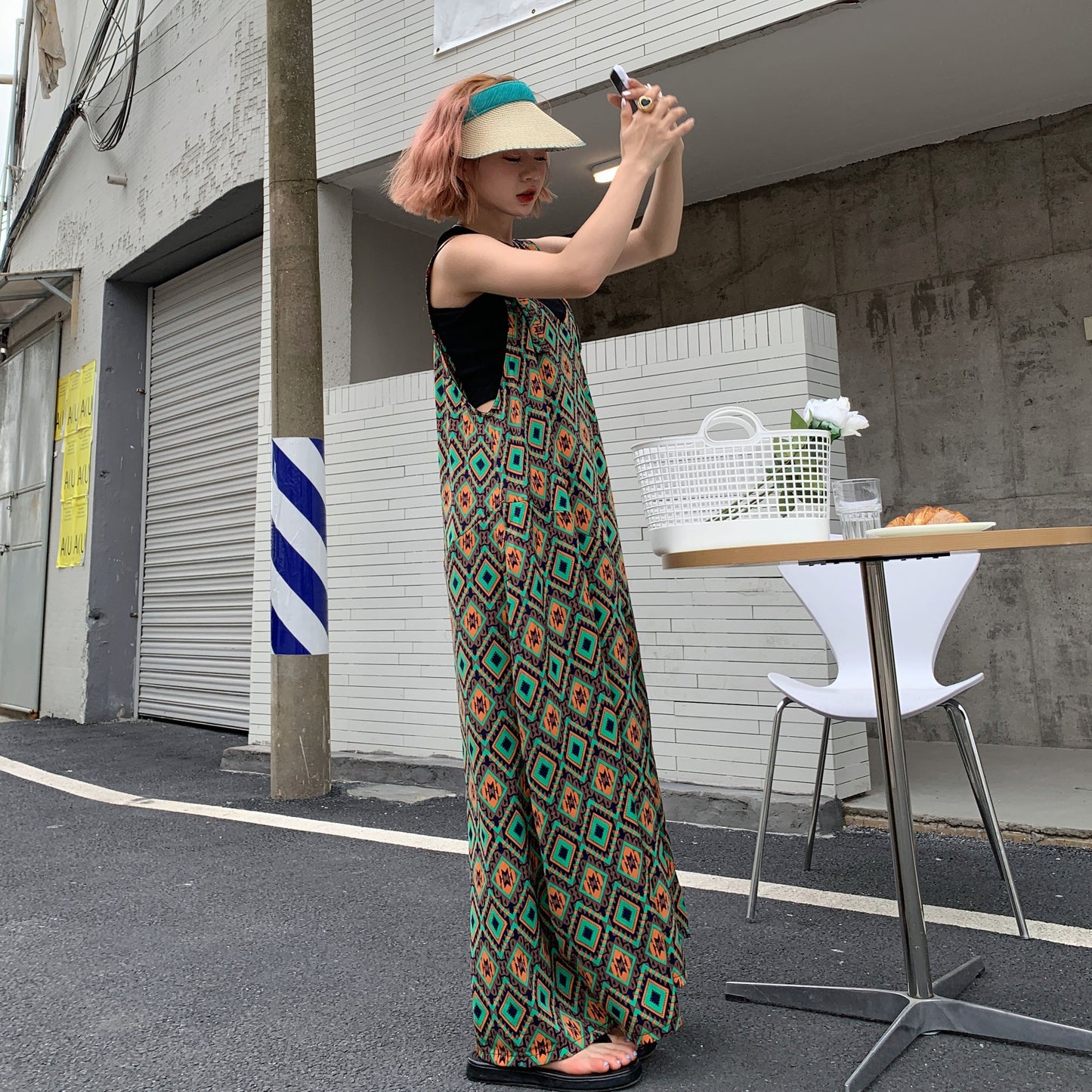 【ボトムス】夏新作 文芸ムードたっぷり 菱形チェック柄 オーバーサイズサロペットスカンツ オールインワン【SHシリーズ】