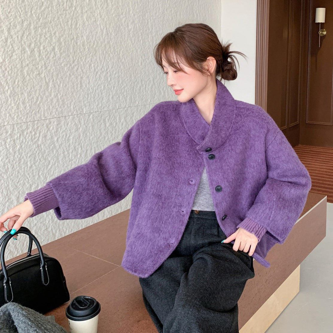 【アウター】レディース 淡いパープルのショートコート ダブルフェイス きれいめ 秋冬【JZシリーズ】
