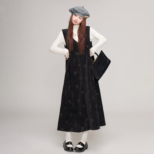 【ワンピース】Vネック 蝶リボン プリント サロペット 秋冬 レディース ベルベットノースリーブワンピース【JZシリーズ】