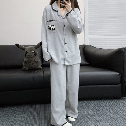 【インナー】ワッフルチェック パンダ コットン素材 長袖長ズボン ルームウェア レディース/メンズ ペア対応 春