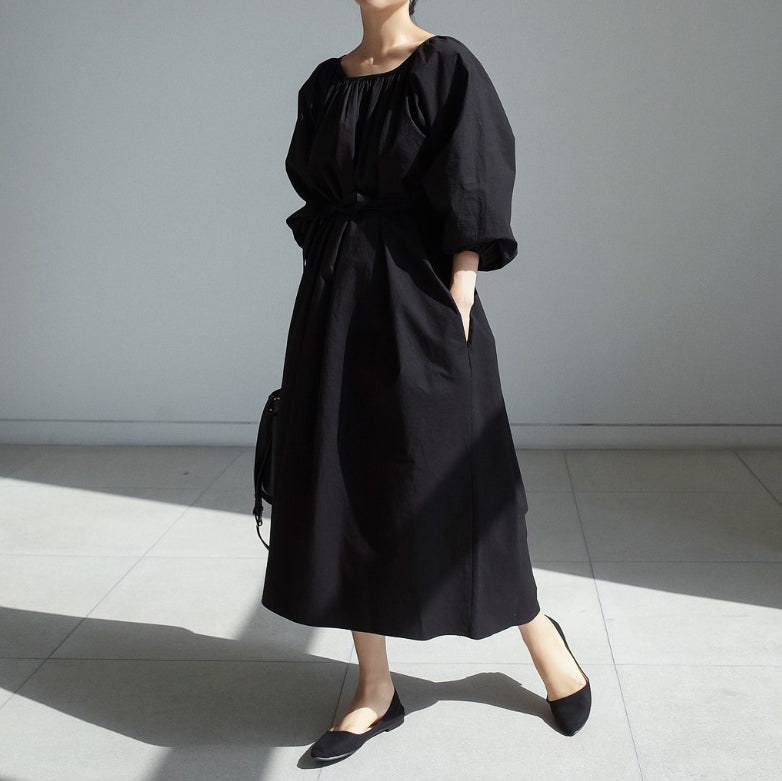 【ワンピース】春秋 ゆったり 大きいサイズ  リボン ランタンスリーブ 長袖ワンピース