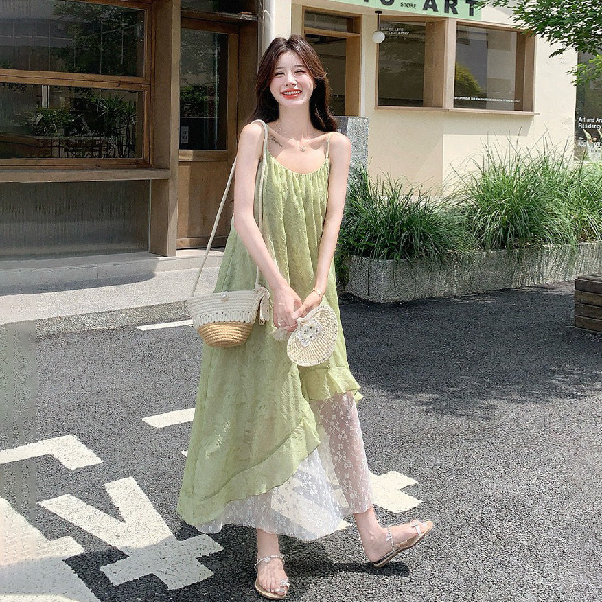 【ワンピース】グリーン ダブルレイヤー 小花柄 キャミワンピース 夏 レディース フェミニン リゾートワンピ【SHシリーズ】