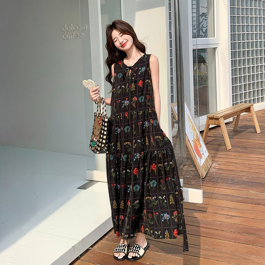 【ワンピース】刺繍プリント ビーチ ノースリーブタンクワンピース【SHシリーズ】