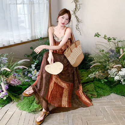 【ワンピース】フレンチ民族風 リゾート 色分けプリント ノースリーブキャミソールワンピース【SHシリーズ】