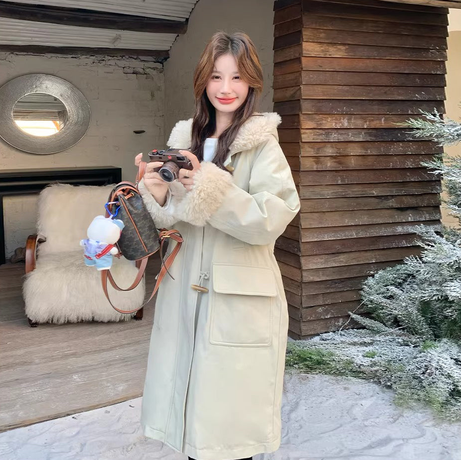 【アウター】大きめファーカラー ボアパーカー ダウンコート レディース 冬 トグルボタン ミディ丈【JZシリーズ】