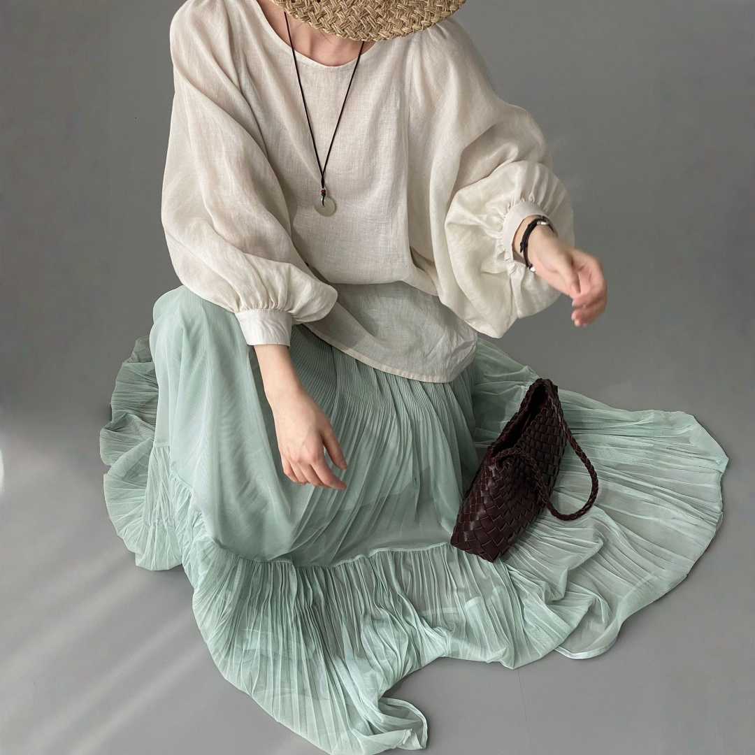 期間限定⭐️60%OFF【トップス】クールな雰囲気 テンセル ほんのり透け感 ラミー バルーンスリーブ シャツ 【JZシリーズ】