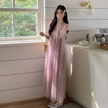 【ワンピース】大人可愛い ピンク チュールワンピース レディース 夏 半袖 上品 2点セット シアー ロング丈 フェミニンワンピース【JZシリーズ】
