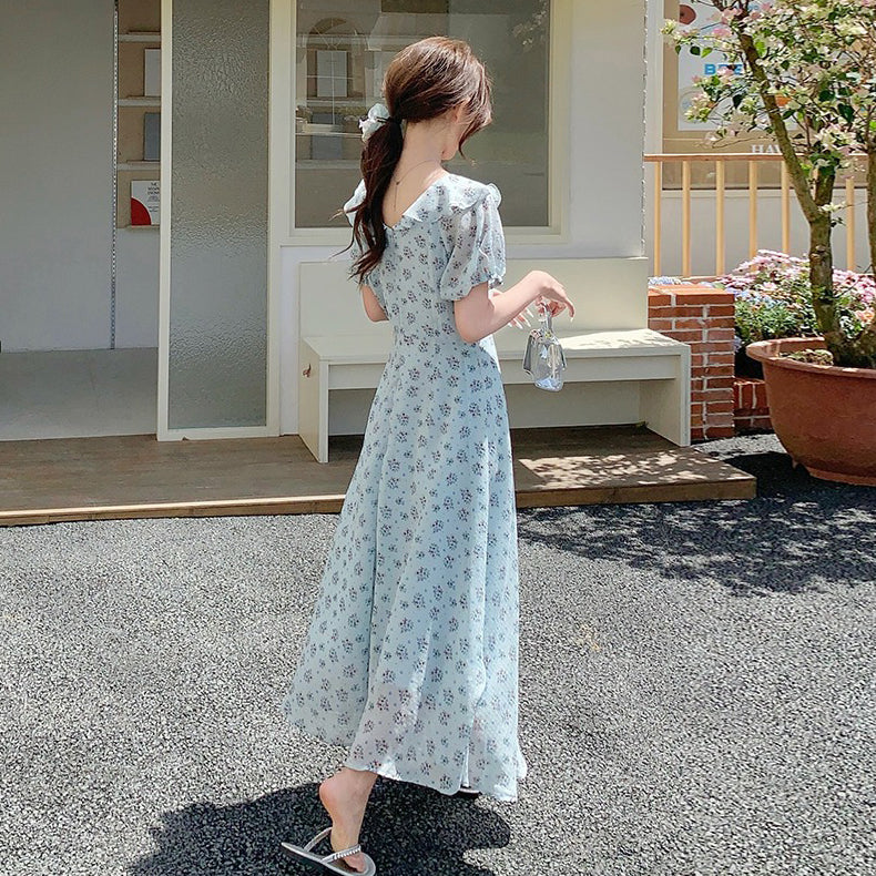 【ワンピース】花柄シフォン 半袖ワンピース｜Vネック 細見え叶う♡フレンチガーリーなAラインドレス【SHシリーズ】