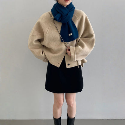 【アウター】春 秋 冬 ウール アルパカ ショート丈 ゆったり ラウンドネック ジャケット 【JZシリーズ】