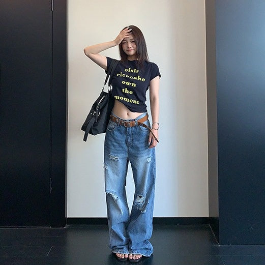 【ボトムス】ユーズド加工 ダメージ加工 ロング丈 ワイドデニムパンツ 【FCシリーズ】