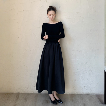 【ワンピース】春 秋 冬 ボートネック  切り替え 高級感 長袖 ワンピース【JZシリーズ】