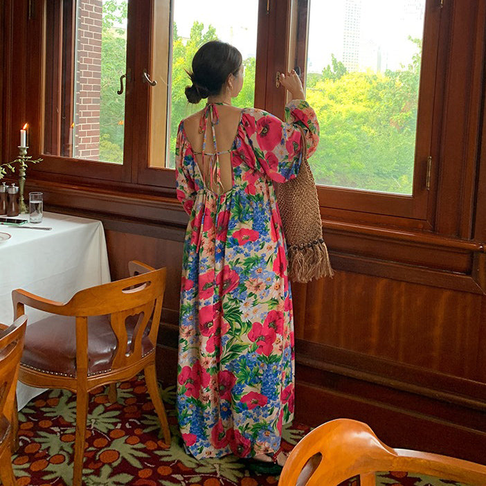 【ワンピース】超可愛い 春夏 ゆったり ロング丈  Vネック 背中あき 花柄 長袖ワンピース【SHシリーズ】