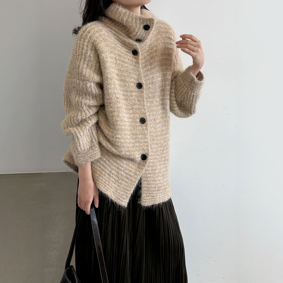 【アウター】ハイネック 優しい雰囲気 シングルボタン 起毛感 ニットカーディガン ジャケット 【JZシリーズ】