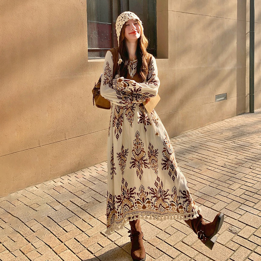 セットアップ】ボヘミアン民族風ベスト＋花柄ワンピース レディース
