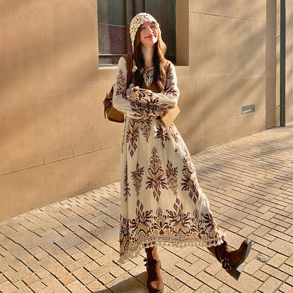 【セットアップ】ボヘミアン民族風ベスト＋花柄ワンピース レディース 春秋 個性的で華やか 絶美長袖ワンピース【SHシリーズ】