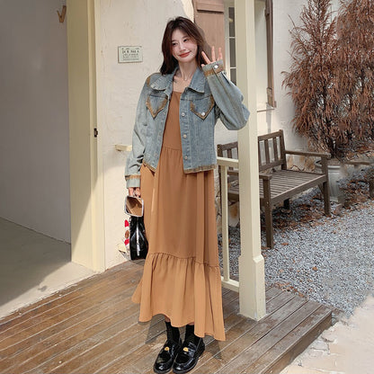 【セットアップ】初秋 韓国風コーデ レトロ デニム ジャケット＋ノースリーブワンピース 細見え 2点セット【JZシリーズ】