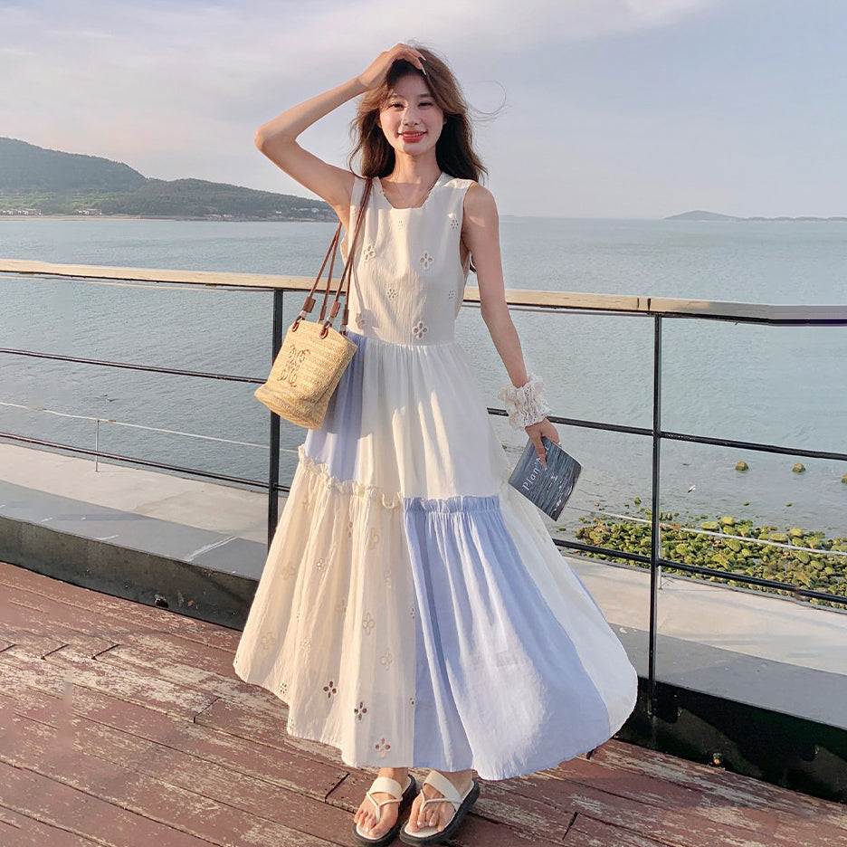 【ワンピース】配色 フリル ノースリーブワンピース レディース 夏 ロングワンピース ゆったり 体型カバー 人気 フレンチ風【SHシリーズ】