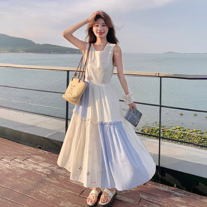 【ワンピース】配色 フリル ノースリーブワンピース レディース 夏 ロングワンピース ゆったり 体型カバー 人気 フレンチ風【SHシリーズ】