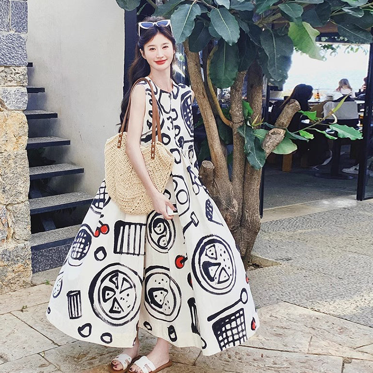 【ワンピース】デザイン感ある フレアノースリーブワンピース 夏新作 リゾート風ワンピース【SHシリーズ】