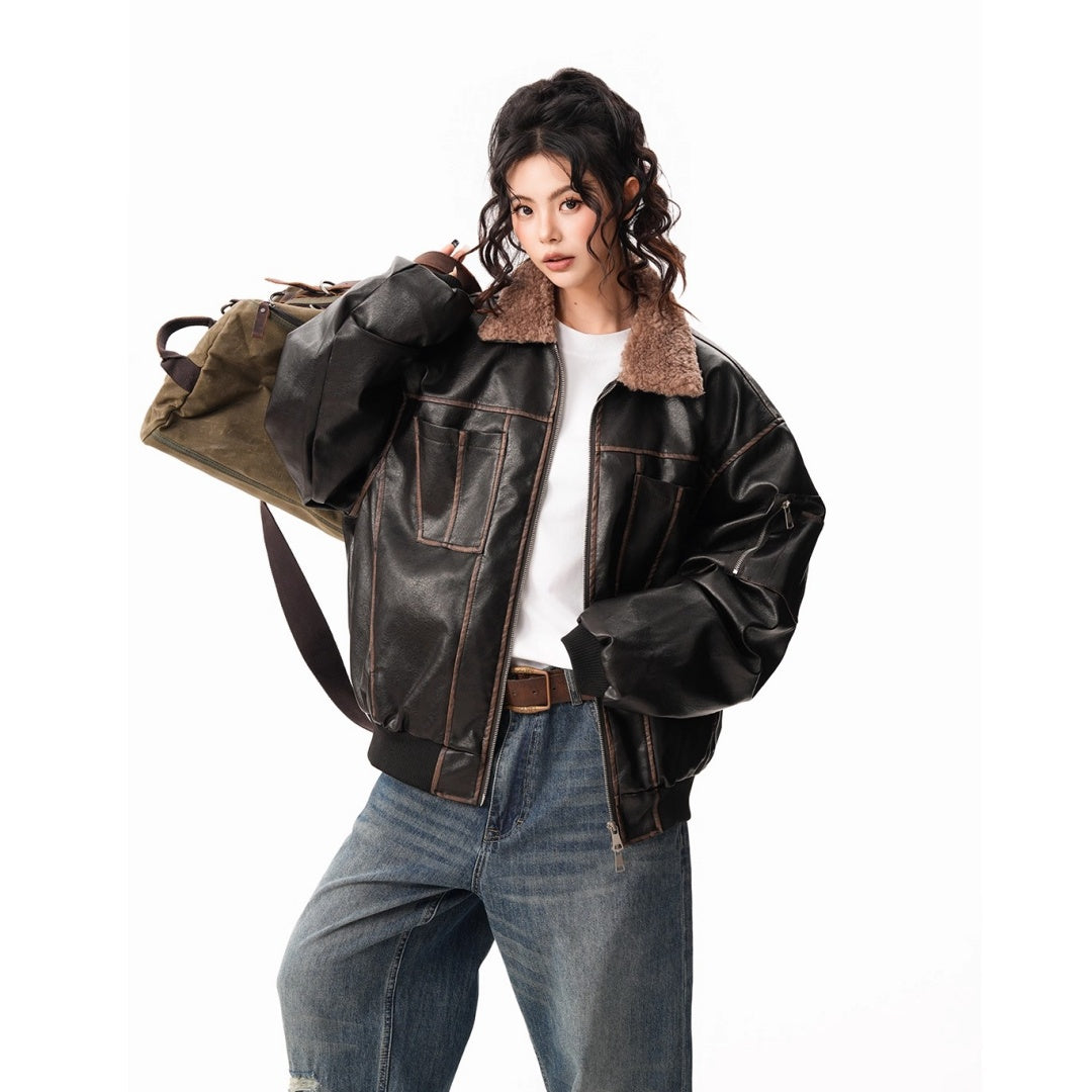 【アウター】ボア襟 春 秋 冬 暖かい テーラードカラー レザージャケット 【FCシリーズ】