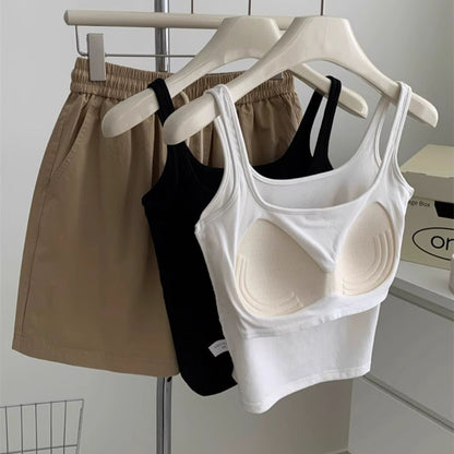 【トップス】バストパッド付き インナー ブラ一体型 シンプルカラー キャミソール