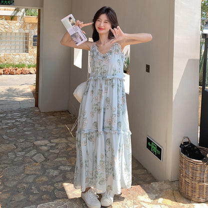 【ワンピース】ブルー ノースリーブ キャミソール 花柄ワンピース リゾート風 ゆったり スリム見え 夏【SHシリーズ】