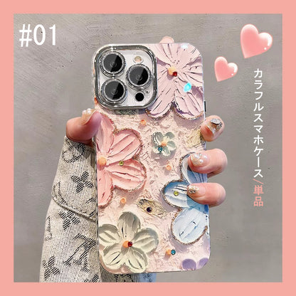 【グッズ】iPhone 16 Pro Max / 15 Pro / 13 / 13 PM  用 ブルーライトカット 油絵フラワー 韓国風 レディース 全面保護 レンズカバー付き 高級感 ストラップ付き 新作 スマホケース