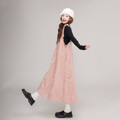 【ワンピース】秋冬 レディース 可愛い Vネックサロペットワンピ ピンク ゆったりノースリーブワンピース【JZシリーズ】