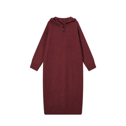 【ワンピース】フード付き ニット長袖ワンピース レディース 秋冬 韓国風 ルーズ 体型カバー ロング丈【FCシリーズ】【15～20日内発送】