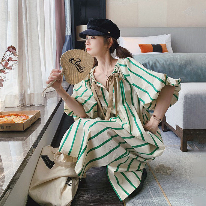 【ワンピース】夏 フレンチデザイン ゆったり ファッションカジュアル ストライプ 半袖ワンピース【SHシリーズ】