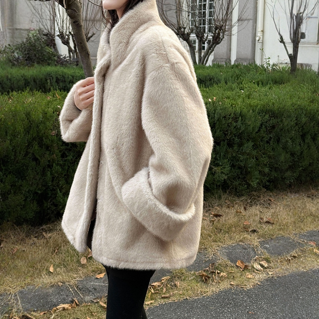 【アウター】エコミンク風ファー 春 秋 冬 立ち襟 フェイクファー スエード調裏地 もこもこ コート 【JZシリーズ】