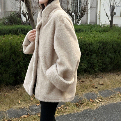 【アウター】エコミンク風ファー 春 秋 冬 立ち襟 フェイクファー スエード調裏地 もこもこ コート 【JZシリーズ】