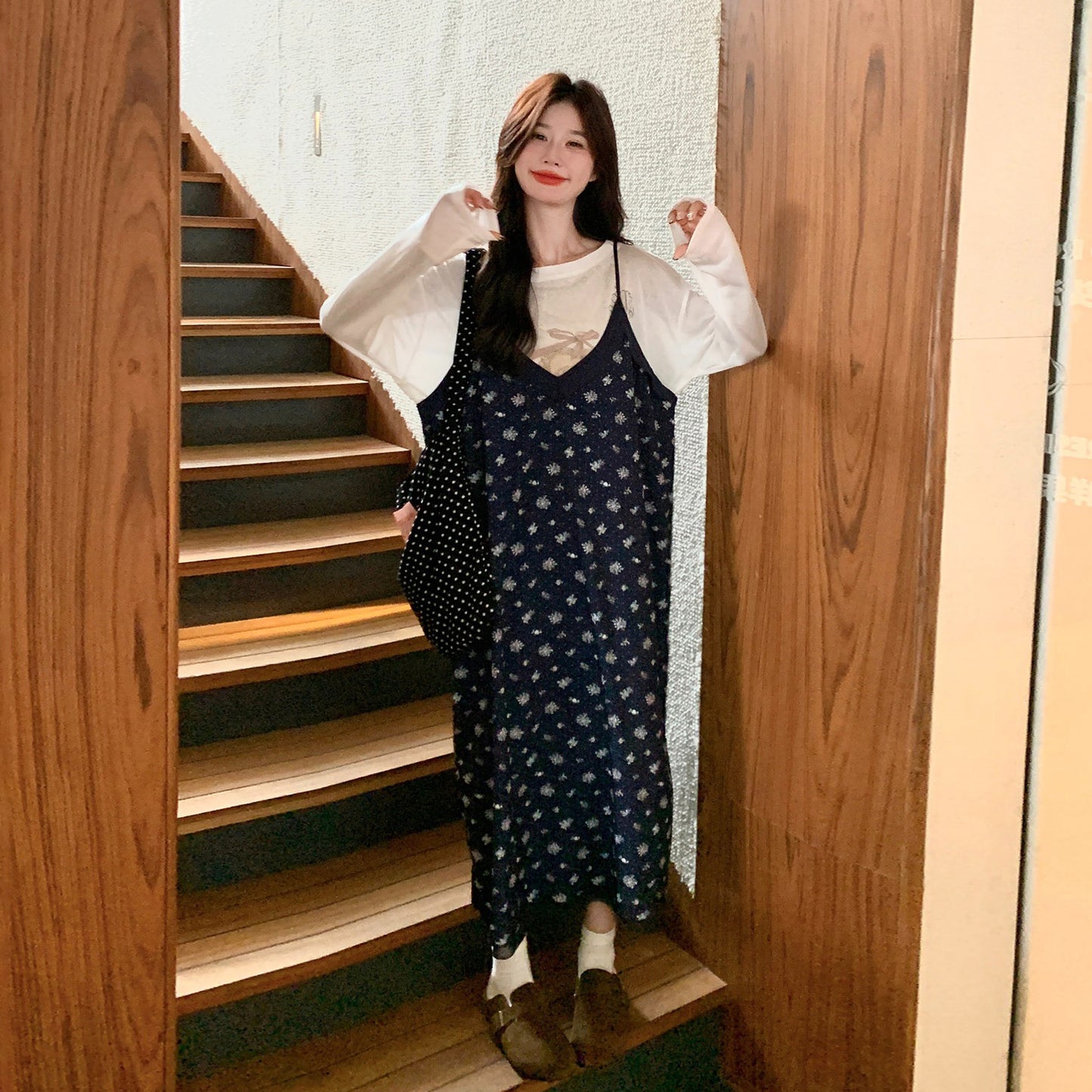 2点セット！【セットアップ】花柄キャミワンピース＆Tシャツ2点セット レディース ロング丈 ゆったり カジュアル 秋コーデ【SHシリーズ】