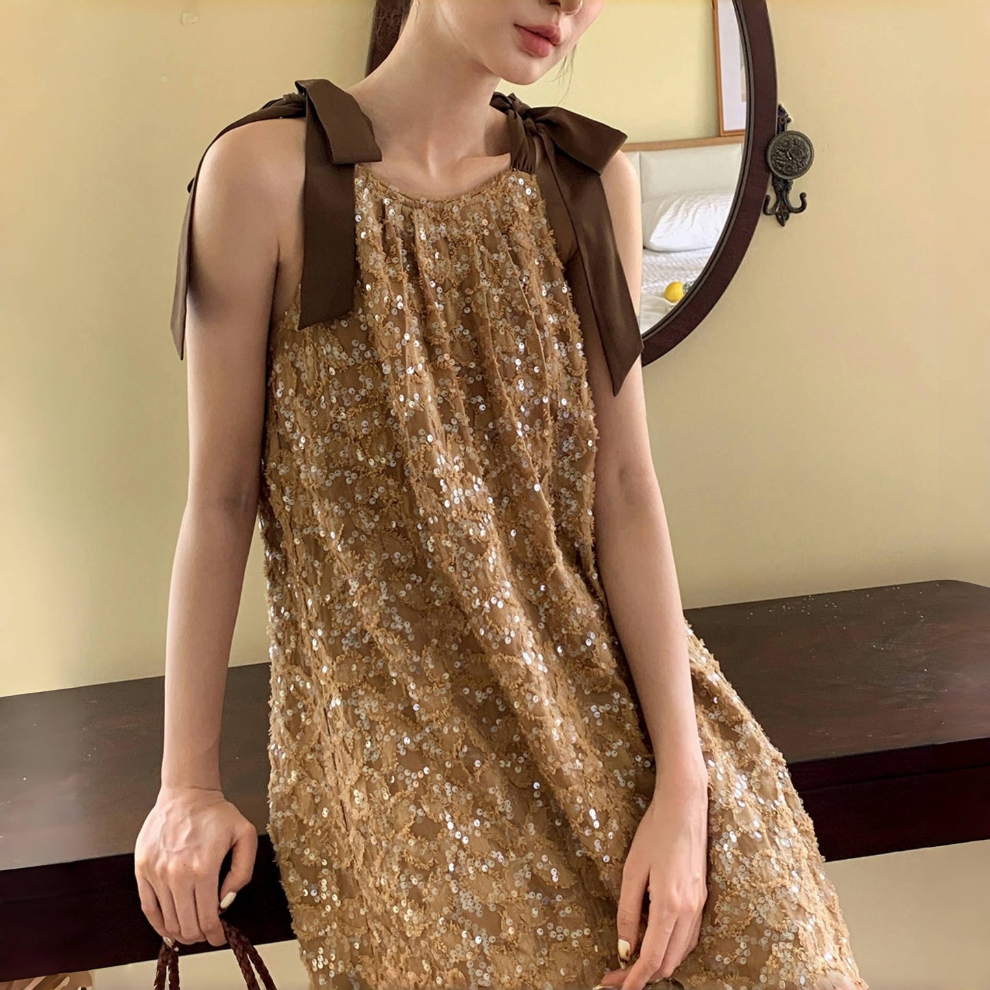 【ワンピース】夏 金箔風 テクスチャ感 スパンコール キャミワンピース  【SHシリーズ】