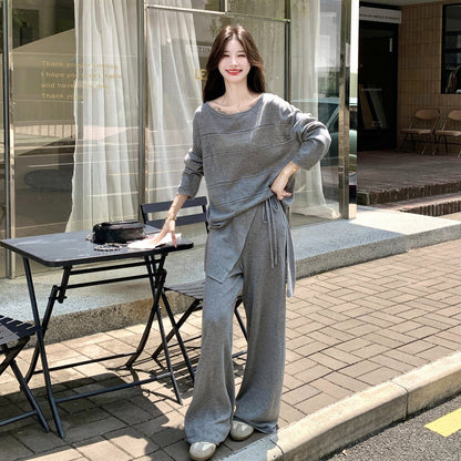 2点セット！【セットアップ】グレーニット 上下セット レディース オフショルダートップス＆ワイドパンツ ゆったり リラックス 秋コーデ【JZシリーズ】