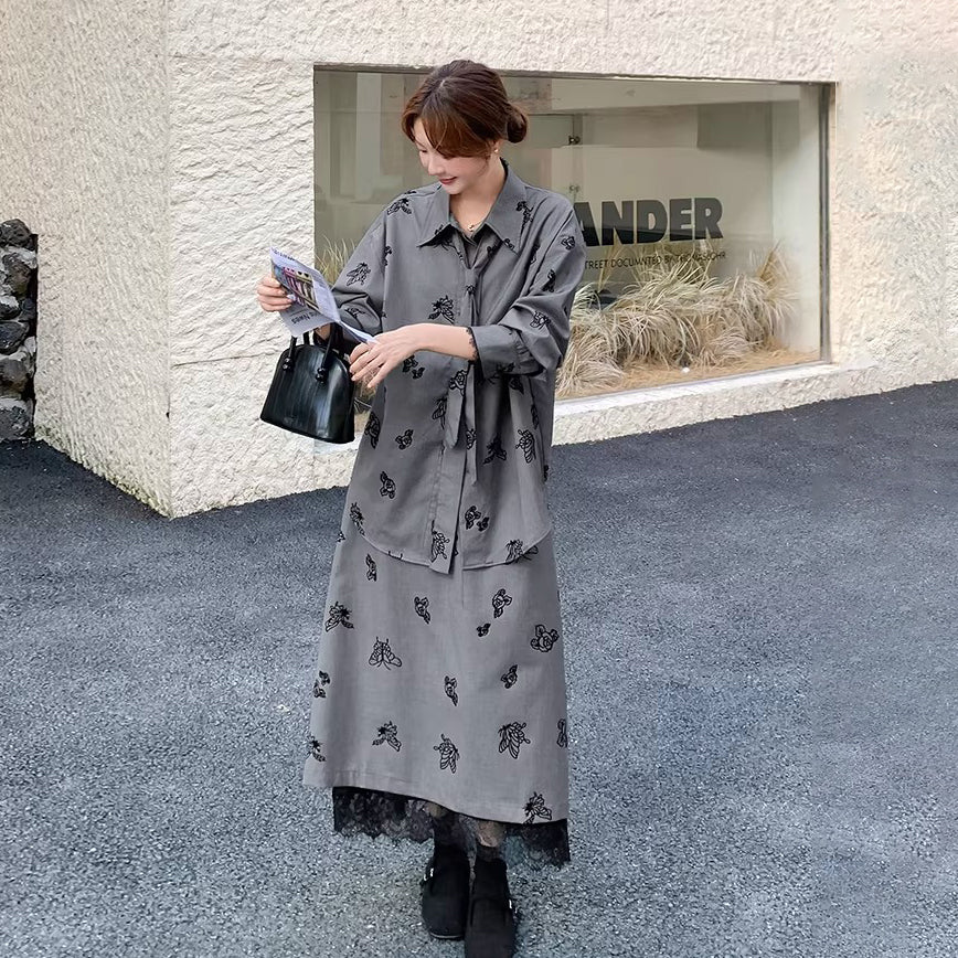 【セットアップ】春秋新作 グレー×フラワープリント シャツ×スカート 上下セット 韓国チック オールドマネー風【SHシリーズ】