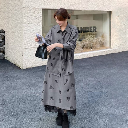 【セットアップ】春秋新作 グレー×フラワープリント シャツ×スカート 上下セット 韓国チック オールドマネー風【SHシリーズ】