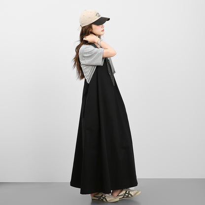 2点セット！【セットアップ】韓国風シンプル Tシャツ+ノースリーブワンピースセット 体型カバーも叶うゆったり大人コーデ【JZシリーズ】