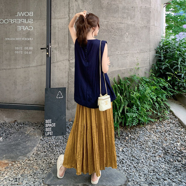 2点セット！【セットアップ】ラウンドネックカジュアルノースリーブブラウス＋ハイウエスト細見えAラインスカート上下セット【JZシリーズ】